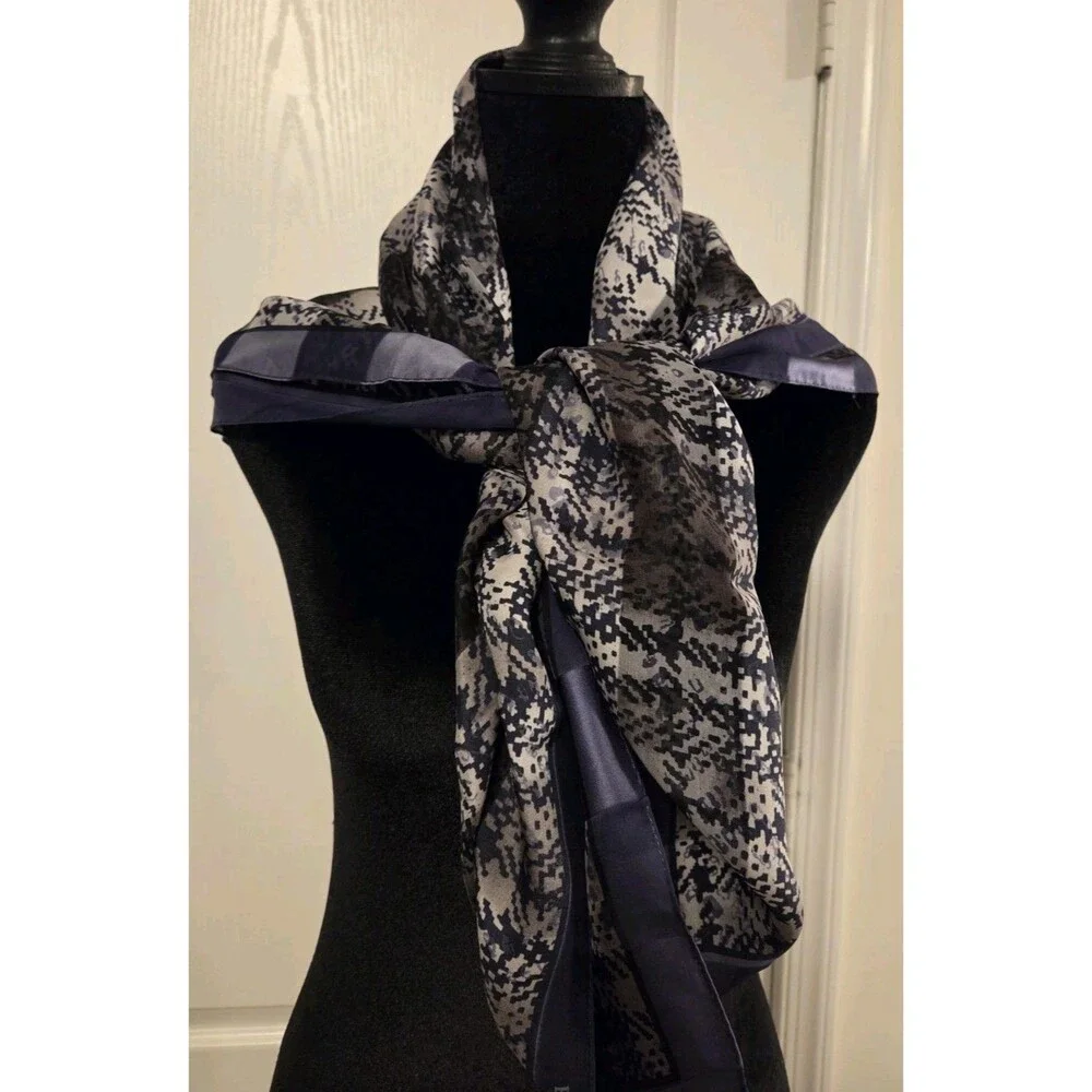 Ellen Tracy Unisex Silk Satin Plaid Square Scarf in Blue Gray Black